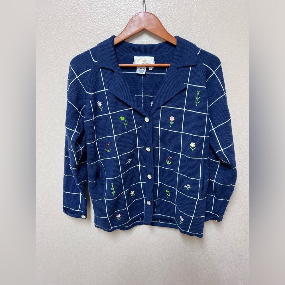 Vintage Lilly Of California Blue Floral Embroidered Cardigan Sweater Size S